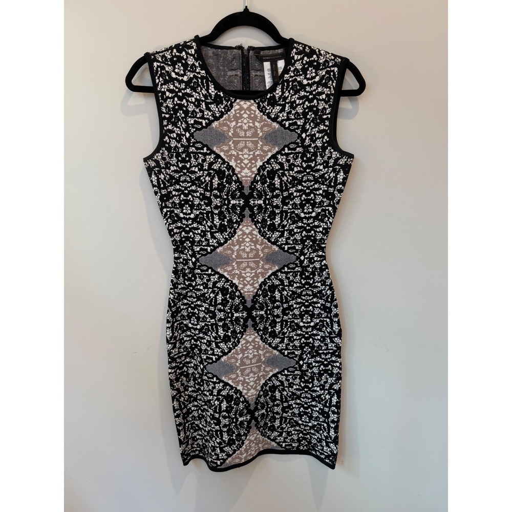 BCBGMAXAZRIA Black White Geometric Jacquard Knit Bodycon Dress XS